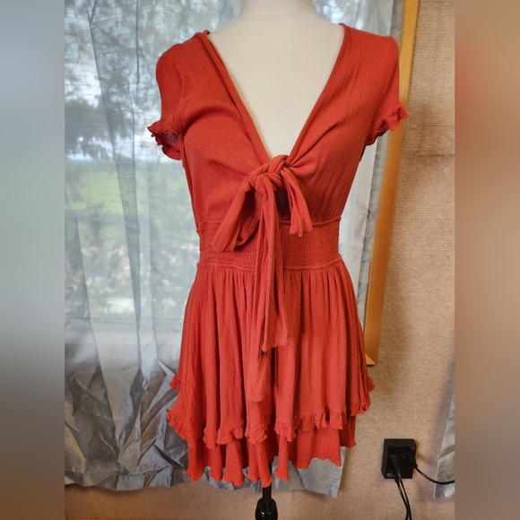Boho Rust Tie Front Ruffle Hem Dress - Picture 1 of 6